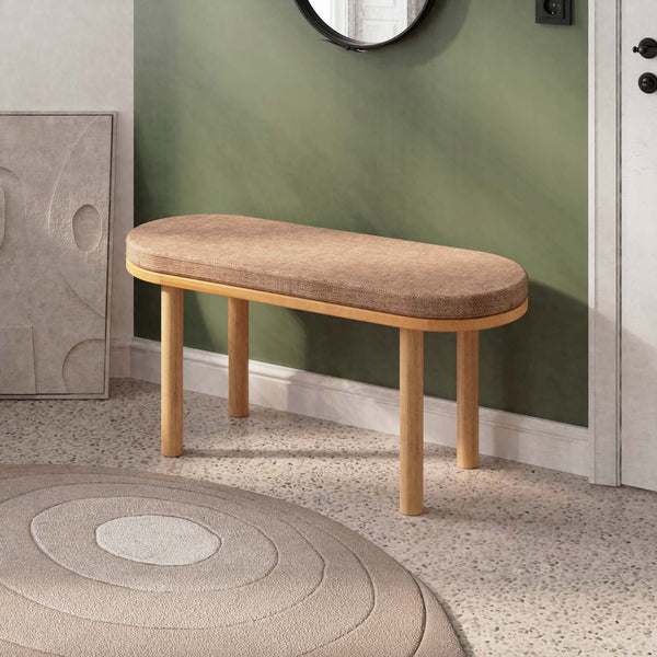 Shiv Bench 100 x 38 cm, kahve keten döşeme, masif kayın gövde, ev ortamında kullanım görünümü