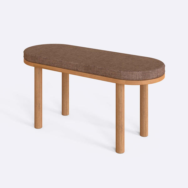 Shiv Bench 100 x 38 cm, kahve keten döşeme, masif kayın gövde, beyaz zeminde üç çeyrek açıdan çekim