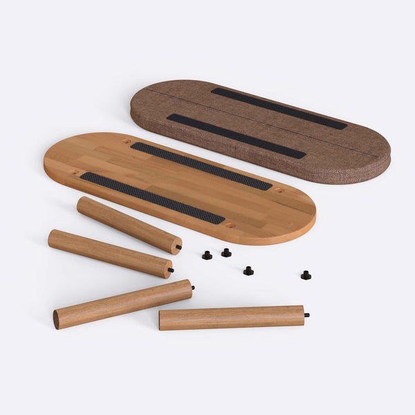 Shiv Bench 100 x 38 cm, kahve keten döşeme, masif kayın gövde, beyaz zeminde önden stüdyo çekimi