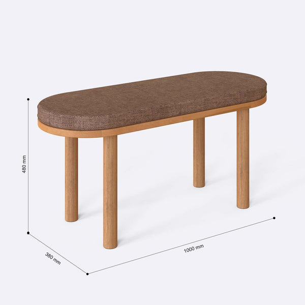 Shiv Bench 100 x 38 cm ölçülendirilmiş teknik görünümü, kahve keten döşeme, milimetre cinsinden ölçüler