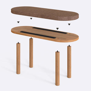 Shiv Bench 100 x 38 cm parçalarına ayrılmış montaj görünümü, kahve keten oturum ve masif kayın ayaklar