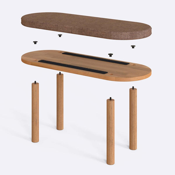 Shiv Bench 100 x 38 cm parçalarına ayrılmış montaj görünümü, kahve keten oturum ve masif kayın ayaklar