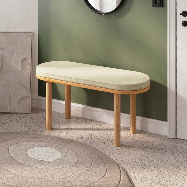 Shiv Bench 100 x 38 cm, kum keten döşeme, masif kayın gövde, ev ortamında kullanım görünümü