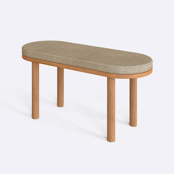 Shiv Bench 100 x 38 cm, kum keten döşeme, masif kayın gövde, beyaz zeminde üç çeyrek açıdan çekim