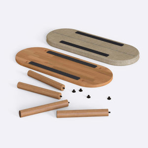 Shiv Bench 100 x 38 cm, kum keten döşeme, masif kayın gövde, beyaz zeminde önden stüdyo çekimi