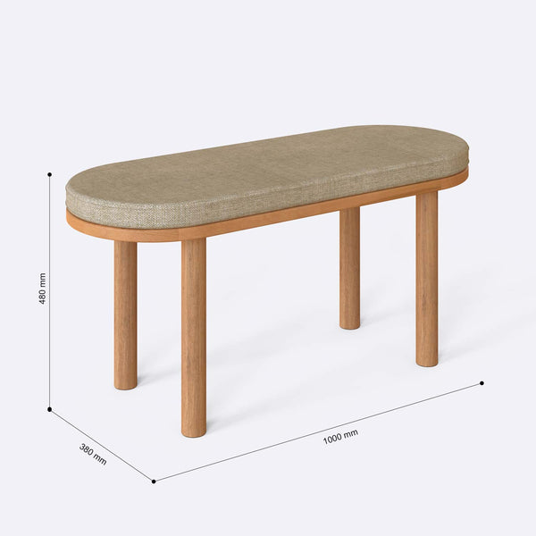 Shiv Bench 100 x 38 cm ölçülendirilmiş teknik görünümü, kum keten döşeme, milimetre cinsinden ölçüler