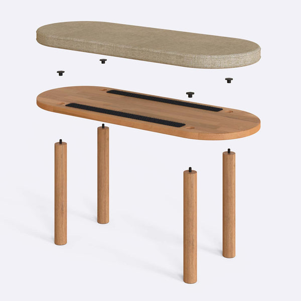Shiv Bench 100 x 38 cm parçalarına ayrılmış montaj görünümü, kum keten oturum ve masif kayın ayaklar