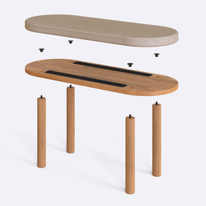 Shiv Bench 100 x 38 cm parçalarına ayrılmış montaj görünümü, ekru keten oturum ve masif kayın ayaklar