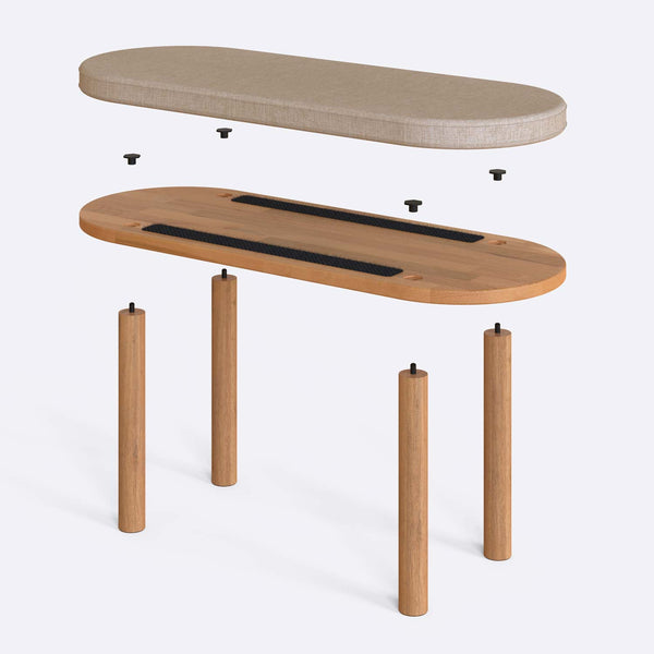 Shiv Bench 100 x 38 cm parçalarına ayrılmış montaj görünümü, ekru keten oturum ve masif kayın ayaklar