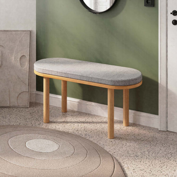 Shiv Bench 100 x 38 cm, gri keten döşeme, masif kayın gövde, ev ortamında kullanım görünümü