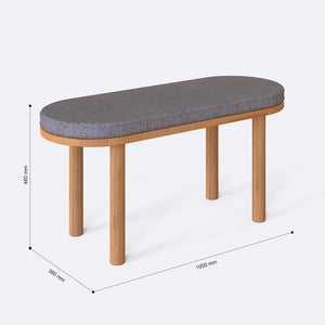 Shiv Bench 100 x 38 cm ölçülendirilmiş teknik görünümü, gri keten döşeme, milimetre cinsinden ölçüler