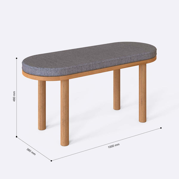 Shiv Bench 100 x 38 cm ölçülendirilmiş teknik görünümü, gri keten döşeme, milimetre cinsinden ölçüler
