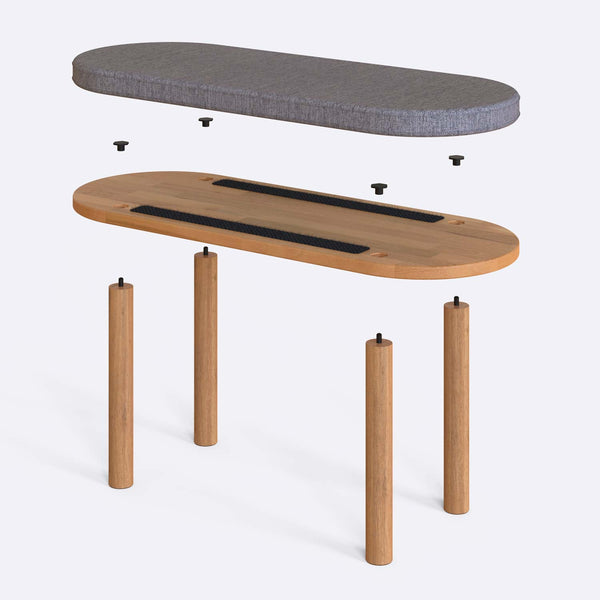 Shiv Bench 100 x 38 cm parçalarına ayrılmış montaj görünümü, gri keten oturum ve masif kayın ayaklar