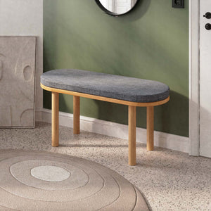 Shiv Bench 100 x 38 cm, kül keten döşeme, masif kayın gövde, ev ortamında kullanım görünümü