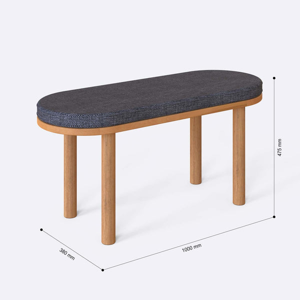 Shiv Bench 100 x 38 cm ölçülendirilmiş teknik görünümü, kül keten döşeme, milimetre cinsinden ölçüler