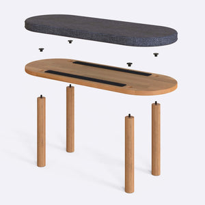 Shiv Bench 100 x 38 cm parçalarına ayrılmış montaj görünümü, kül keten oturum ve masif kayın ayaklar