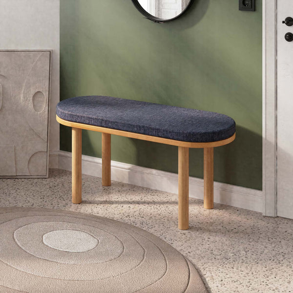 Shiv Bench 100 x 38 cm, lacivert keten döşeme, masif kayın gövde, ev ortamında kullanım görünümü