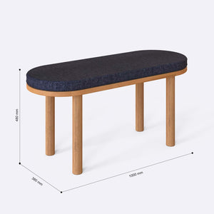 Shiv Bench 100 x 38 cm ölçülendirilmiş teknik görünümü, lacivert keten döşeme, milimetre cinsinden ölçüler