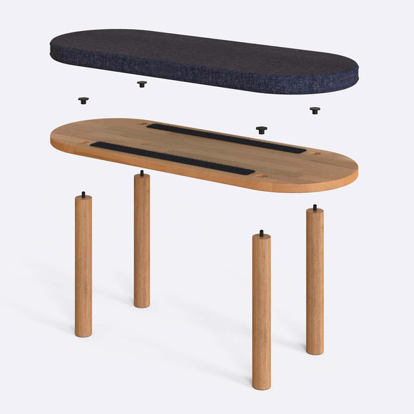 Shiv Bench 100 x 38 cm parçalarına ayrılmış montaj görünümü, lacivert keten oturum ve masif kayın ayaklar