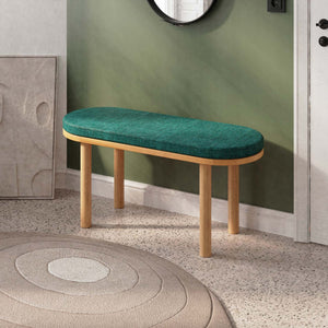 Shiv Bench 100 x 38 cm, petrol keten döşeme, masif kayın gövde, ev ortamında kullanım görünümü