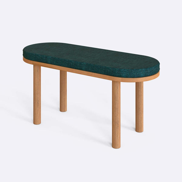 Shiv Bench 100 x 38 cm, petrol keten döşeme, masif kayın gövde, beyaz zeminde üç çeyrek açıdan çekim