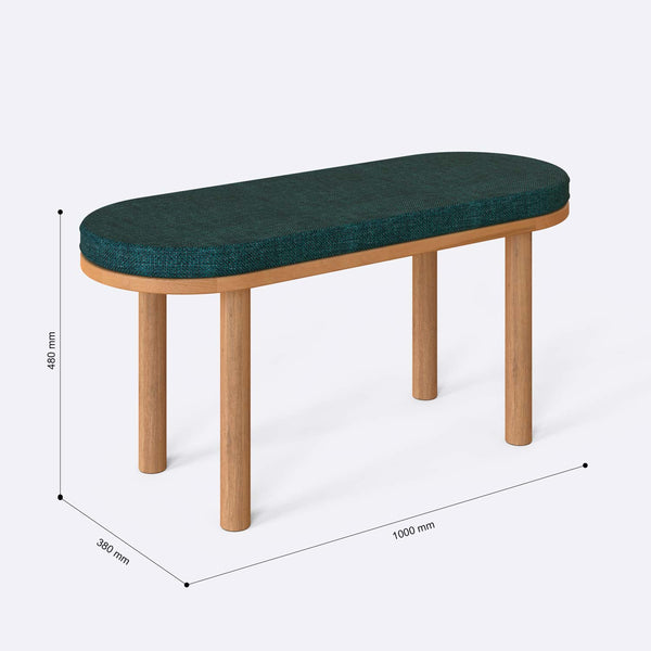 Shiv Bench 100 x 38 cm ölçülendirilmiş teknik görünümü, petrol keten döşeme, milimetre cinsinden ölçüler