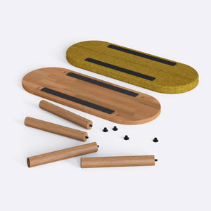 Shiv Bench 100 x 38 cm, sarı keten döşeme, masif kayın gövde, beyaz zeminde önden stüdyo çekimi