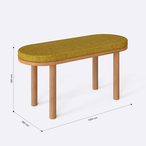 Shiv Bench 100 x 38 cm ölçülendirilmiş teknik görünümü, sarı keten döşeme, milimetre cinsinden ölçüler
