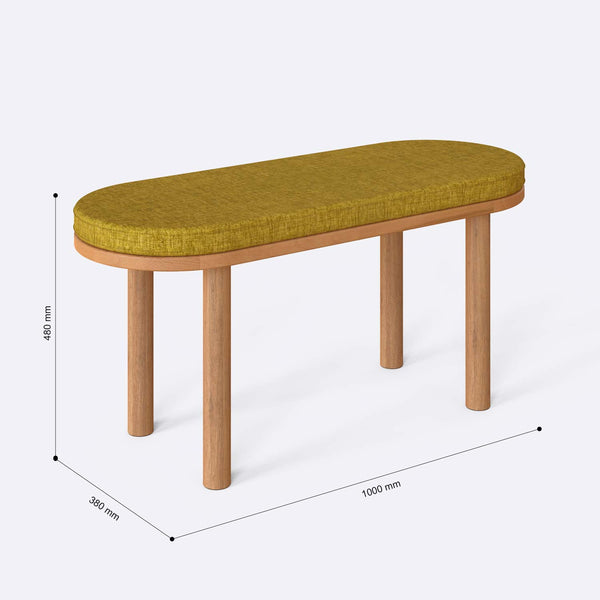Shiv Bench 100 x 38 cm ölçülendirilmiş teknik görünümü, sarı keten döşeme, milimetre cinsinden ölçüler
