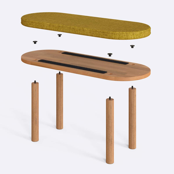 Shiv Bench 100 x 38 cm parçalarına ayrılmış montaj görünümü, sarı keten oturum ve masif kayın ayaklar