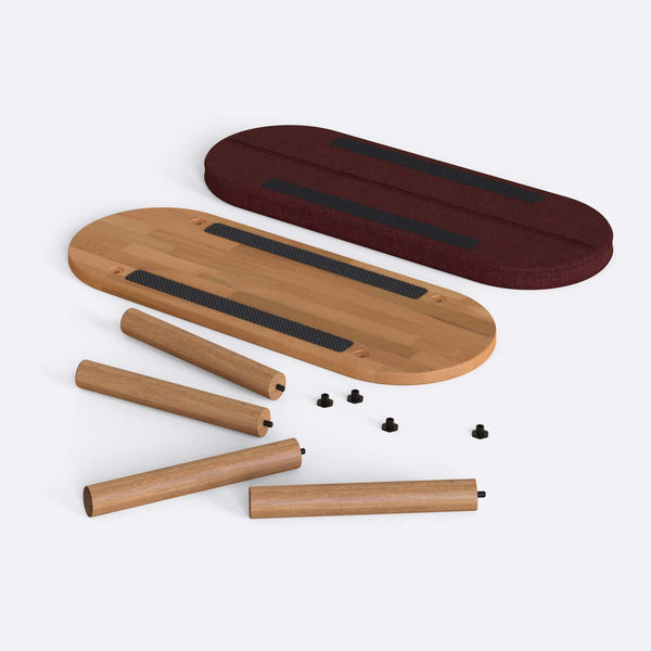 Shiv Bench 100 x 38 cm, bordo keten döşeme, masif kayın gövde, beyaz zeminde önden stüdyo çekimi
