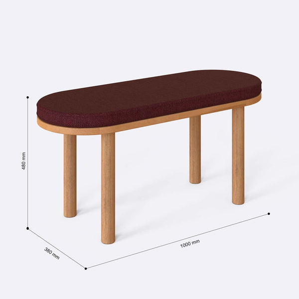 Shiv Bench 100 x 38 cm ölçülendirilmiş teknik görünümü, bordo keten döşeme, milimetre cinsinden ölçüler
