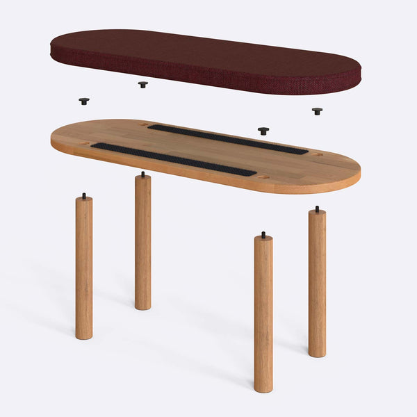 Shiv Bench 100 x 38 cm parçalarına ayrılmış montaj görünümü, bordo keten oturum ve masif kayın ayaklar