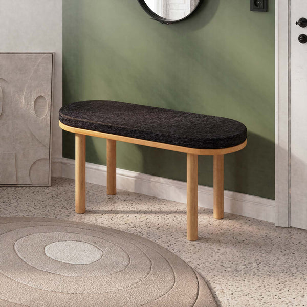 Shiv Bench 100 x 38 cm, siyah keten döşeme, masif kayın gövde, ev ortamında kullanım görünümü