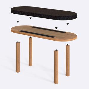 Shiv Bench 100 x 38 cm parçalarına ayrılmış montaj görünümü, siyah keten oturum ve masif kayın ayaklar