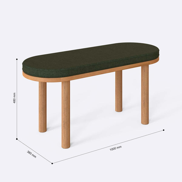 Shiv Bench 100 x 38 cm ölçülendirilmiş teknik görünümü, yeşil keten döşeme, milimetre cinsinden ölçüler