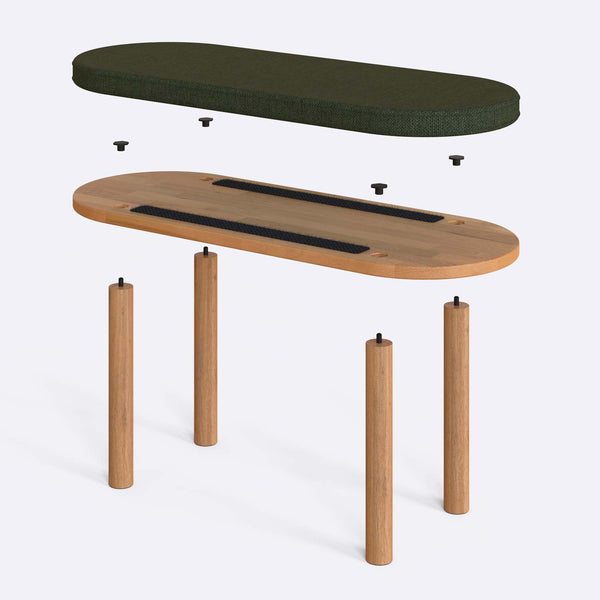 Shiv Bench 100 x 38 cm parçalarına ayrılmış montaj görünümü, yeşil keten oturum ve masif kayın ayaklar
