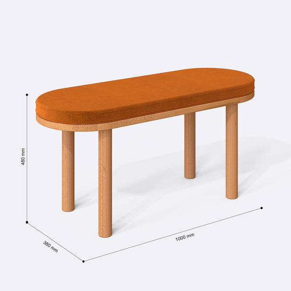 Shiv Bench 100 x 38 cm ölçülendirilmiş teknik görünümü, badem kadife döşeme, milimetre cinsinden ölçüler