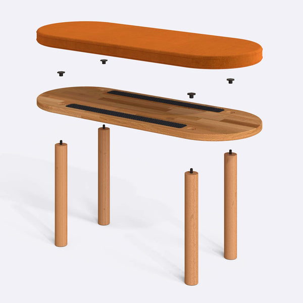 Shiv Bench 100 x 38 cm parçalarına ayrılmış montaj görünümü, badem kadife oturum ve masif kayın ayaklar
