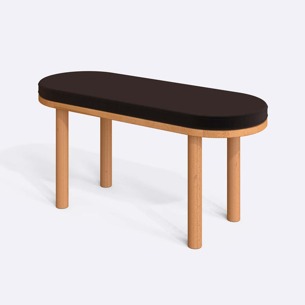 Shiv Bench 100 x 38 cm, kahve kadife döşeme, masif kayın gövde, beyaz zeminde üç çeyrek açıdan çekim