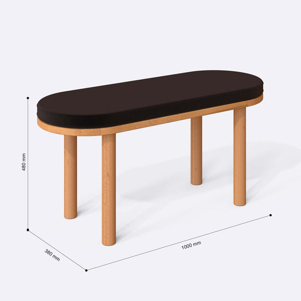 Shiv Bench 100 x 38 cm ölçülendirilmiş teknik görünümü, kahve kadife döşeme, milimetre cinsinden ölçüler