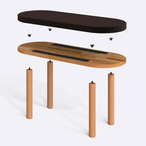 Shiv Bench 100 x 38 cm parçalarına ayrılmış montaj görünümü, kahve kadife oturum ve masif kayın ayaklar