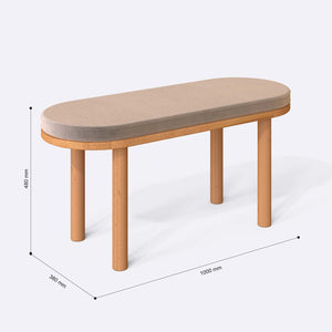 Shiv Bench 100 x 38 cm ölçülendirilmiş teknik görünümü, kum kadife döşeme, milimetre cinsinden ölçüler