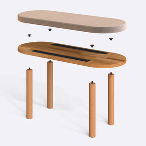 Shiv Bench 100 x 38 cm parçalarına ayrılmış montaj görünümü, kum kadife oturum ve masif kayın ayaklar