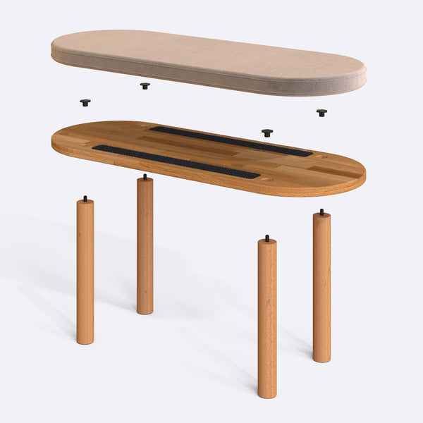 Shiv Bench 100 x 38 cm parçalarına ayrılmış montaj görünümü, kum kadife oturum ve masif kayın ayaklar