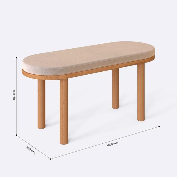 Shiv Bench 100 x 38 cm ölçülendirilmiş teknik görünümü, ekru kadife döşeme, milimetre cinsinden ölçüler