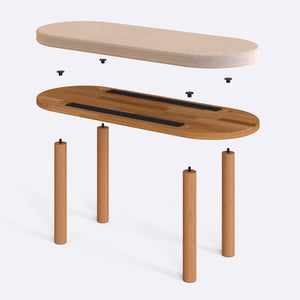 Shiv Bench 100 x 38 cm parçalarına ayrılmış montaj görünümü, ekru kadife oturum ve masif kayın ayaklar
