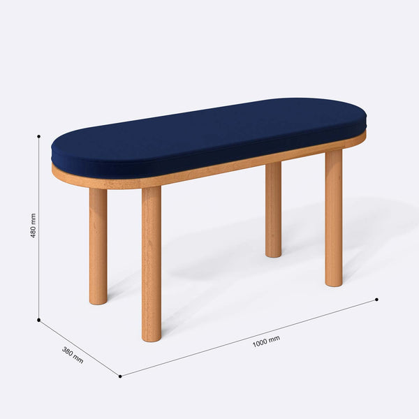 Shiv Bench 100 x 38 cm ölçülendirilmiş teknik görünümü, lacivert kadife döşeme, milimetre cinsinden ölçüler