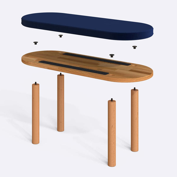 Shiv Bench 100 x 38 cm parçalarına ayrılmış montaj görünümü, lacivert kadife oturum ve masif kayın ayaklar