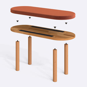 Shiv Bench 100 x 38 cm parçalarına ayrılmış montaj görünümü, somon kadife oturum ve masif kayın ayaklar